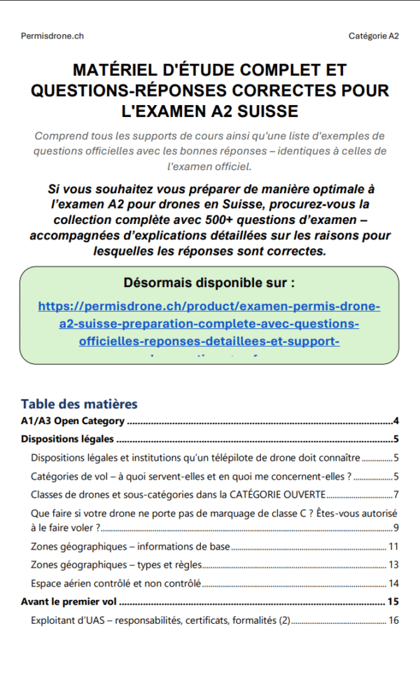 Examen Permis Drone A2 Suisse – Préparation complète avec questions officielles, réponses détaillées et support d’apprentissage (OFAC) - Image 2