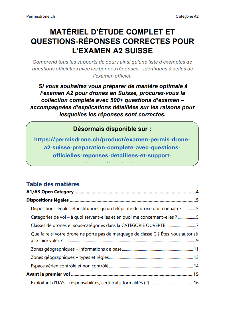 Examen Permis Drone A2 Suisse – Préparation complète avec questions officielles, réponses détaillées et support d’apprentissage (OFAC) - Image 2